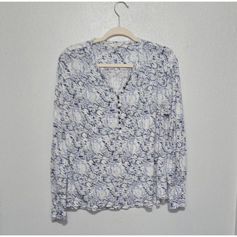 Lucky Brand Henley Top Large Blue White Paisley Floral Cotton Knit Blouse